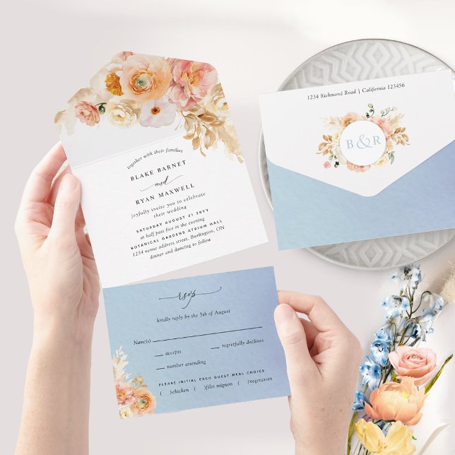 Elegante Peach and Blue Floral Wedding with UAWG A All In One Einladung (Von Creator hochgeladen)