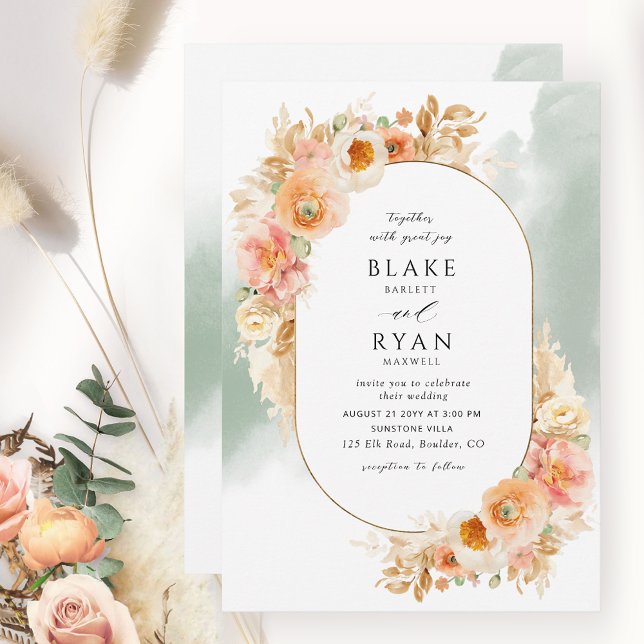 Elegante Peach Blush Cream and Sage Oval Wedding Einladung (Von Creator hochgeladen)