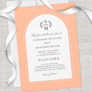 Elegante Peach Calligraphy Wappen Arch Wedding Einladung