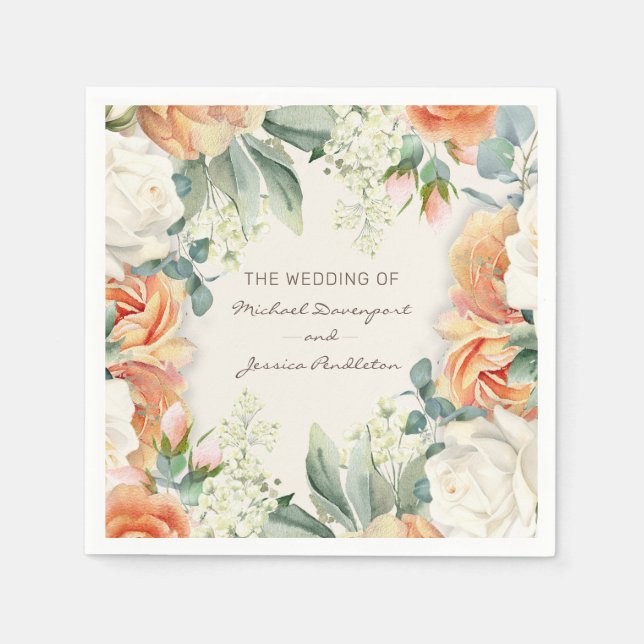 Elegante Peach Cream Floral Eukalyptus Wedding Serviette (Vorderseite)