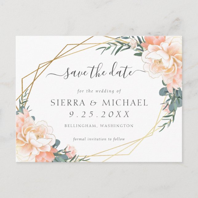 Elegante Peach Cream Gold Floral Save the Date Ankündigungspostkarte (Vorderseite)