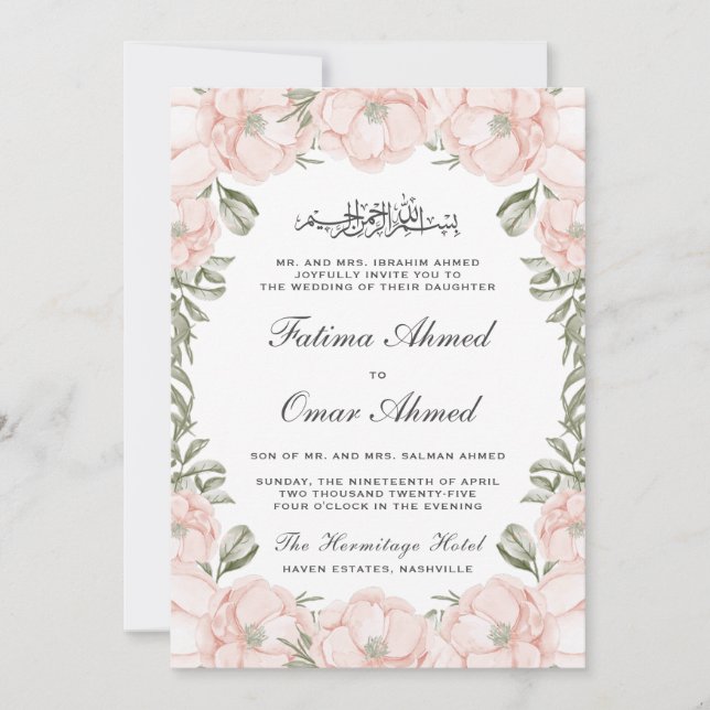 Elegante Peach Floral Blätter Islamische Hochzeit Einladung (Vorderseite)
