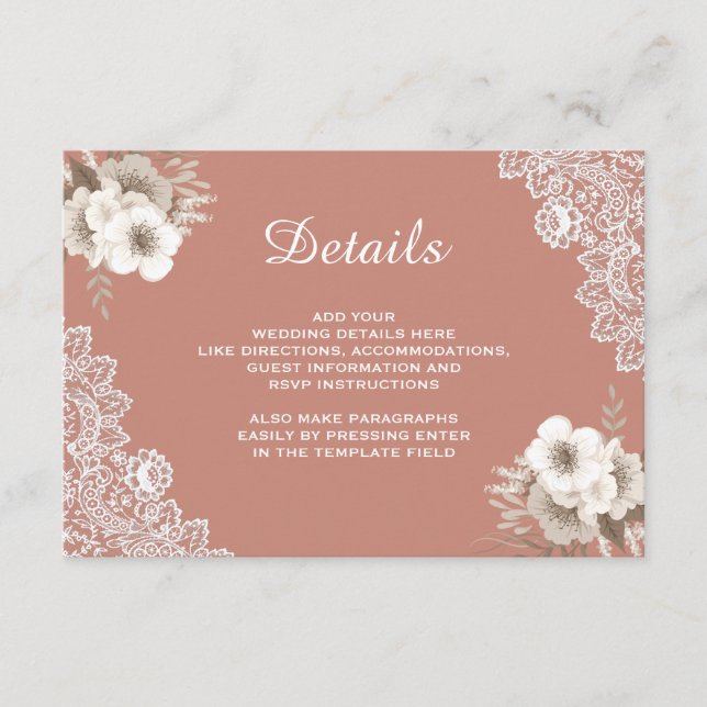 Elegante Peach floral Lace Hochzeitdetails Begleitkarte (Vorderseite)