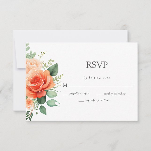 Elegante Peach Floral Rose Hochzeit RSVP Karte (Vorderseite)