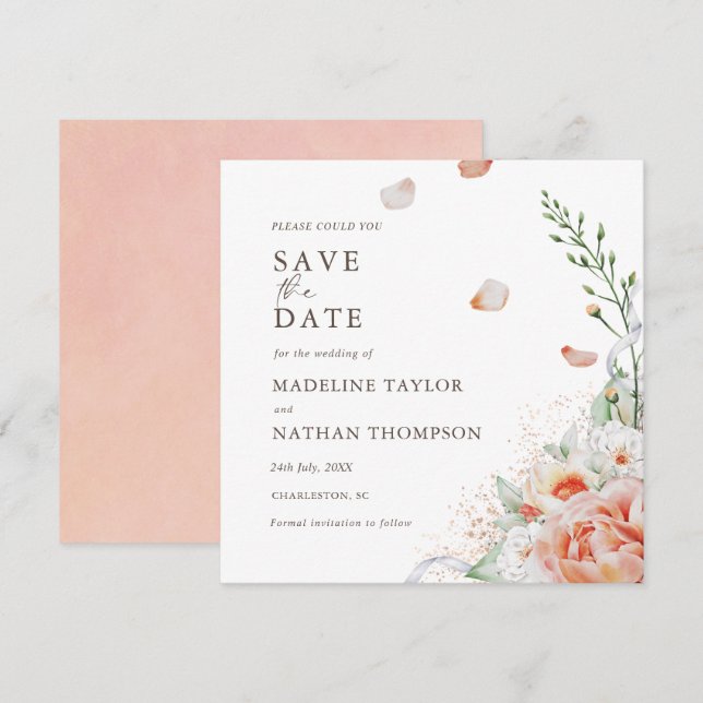 Elegante Peach Floral Wasserfarbe Save the Date (Vorne/Hinten)