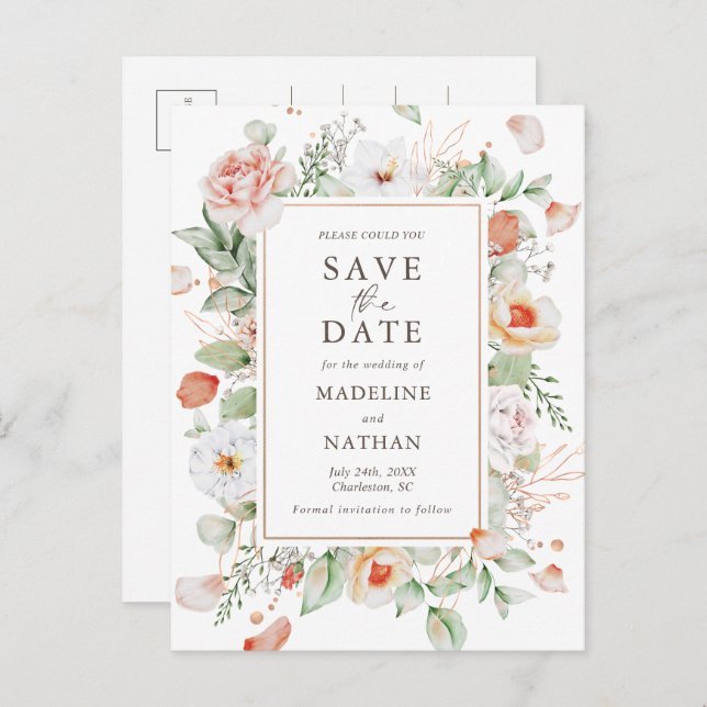 Elegante Peach Floral Wasserfarbe Save the Date Ankündigungspostkarte (Vorne/Hinten)