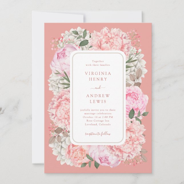Elegante Peach Floral Wedding Einladung (Vorderseite)