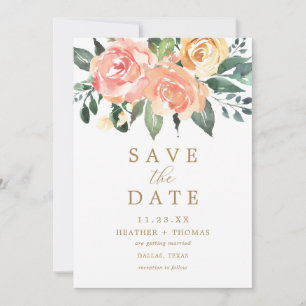 Elegante Peach Gold Floral Einfache Wasserfarbe Save The Date