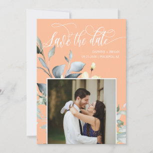Elegante Peach Green Blätter QR Code Foto Hochzeit Save The Date