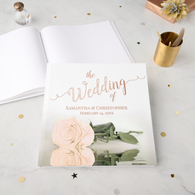 Elegante Peach Light Orange Rose Große Hochzeitsre Gästebuch (Vorderseite Offen)