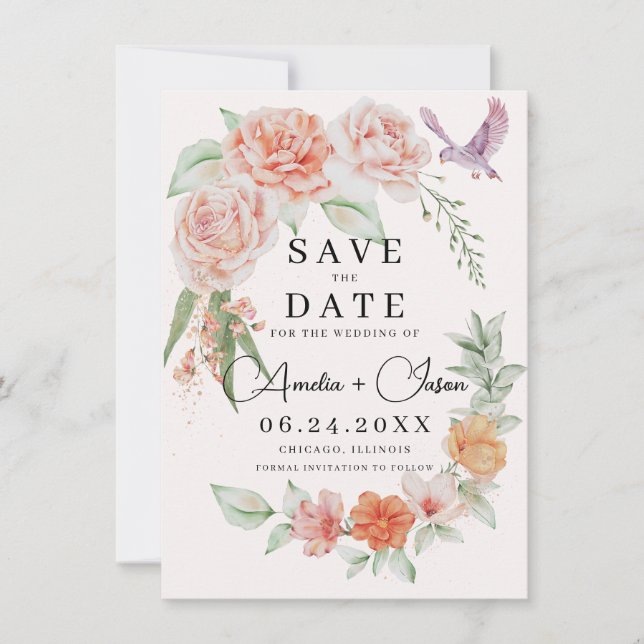 Elegante Peach Peonies Save the Date (Vorderseite)