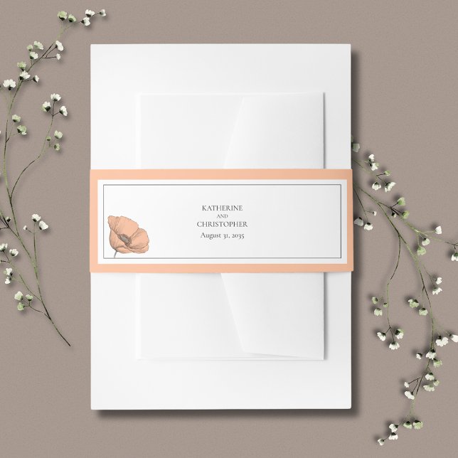 Elegante Peach Poppies Blumenzwiebeleinladung Einladungsbanderole (Peach Poppies Floral Wedding Invitation Belly Band in the popular peach fuzz color.)