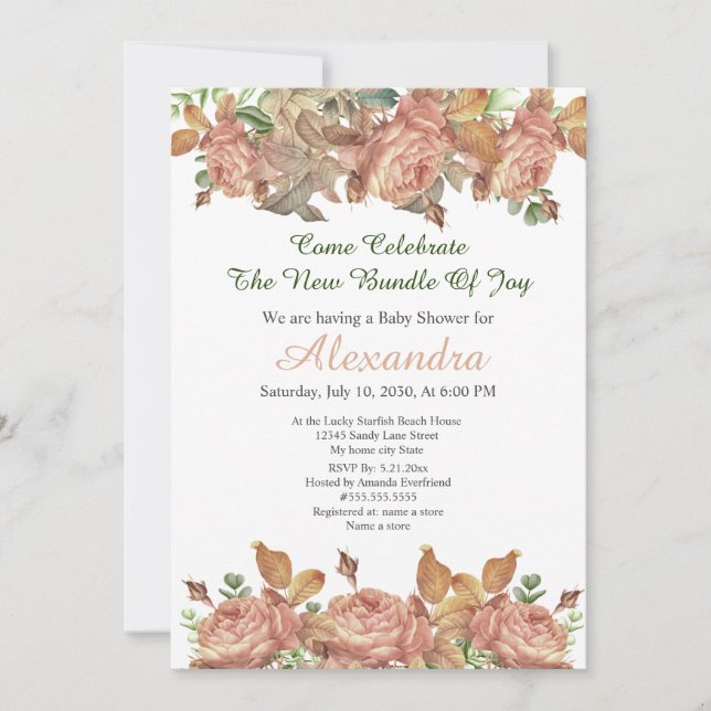 Elegante Peach Rose Floral Eucalyptus Baby Shower (Vorderseite)