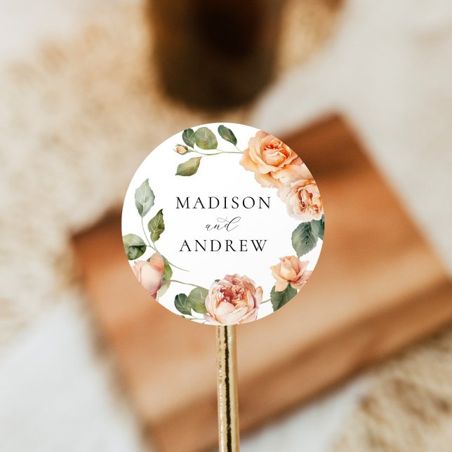 Elegante Peach Rose Hochzeit Runder Aufkleber (Von Creator hochgeladen)