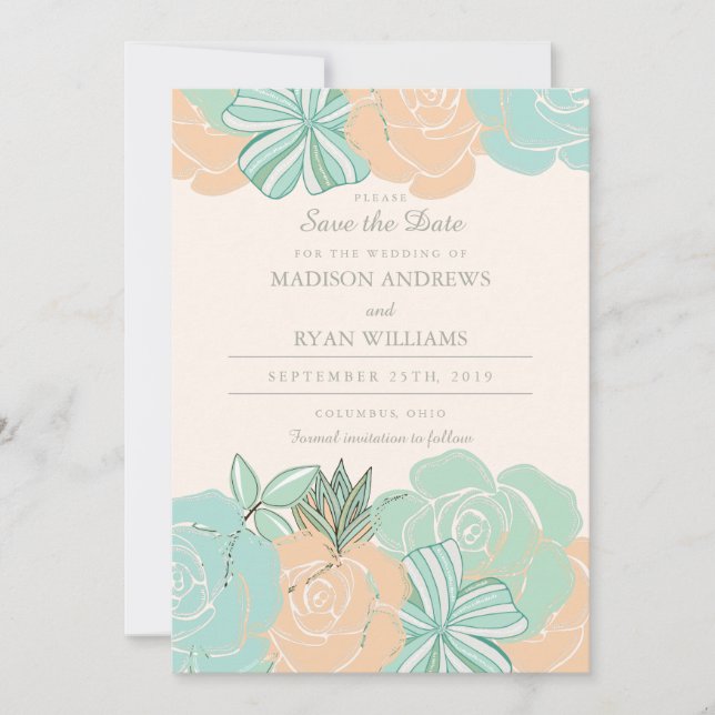 Elegante Peach Rose Mint Floral Save the Date (Vorderseite)
