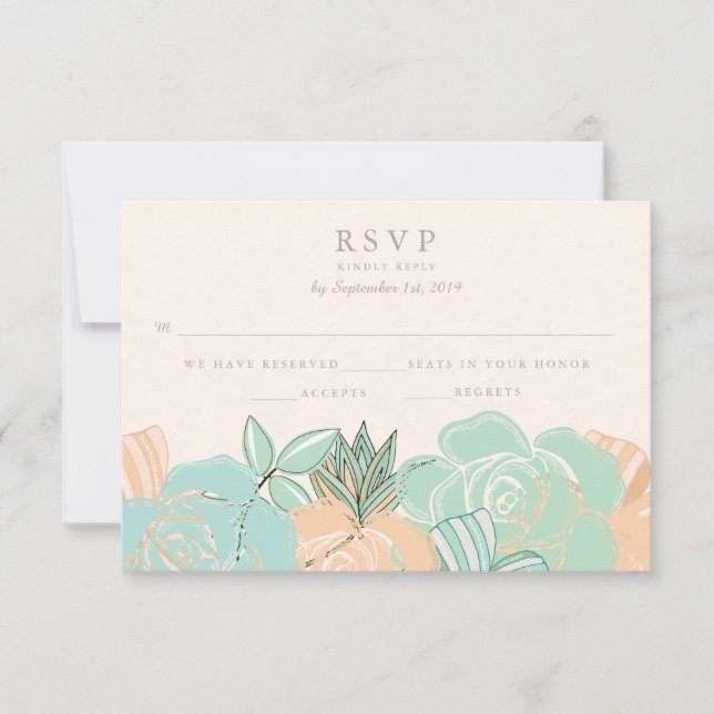Elegante Peach Rose Mint Floral Wedding RSVP (Vorderseite)