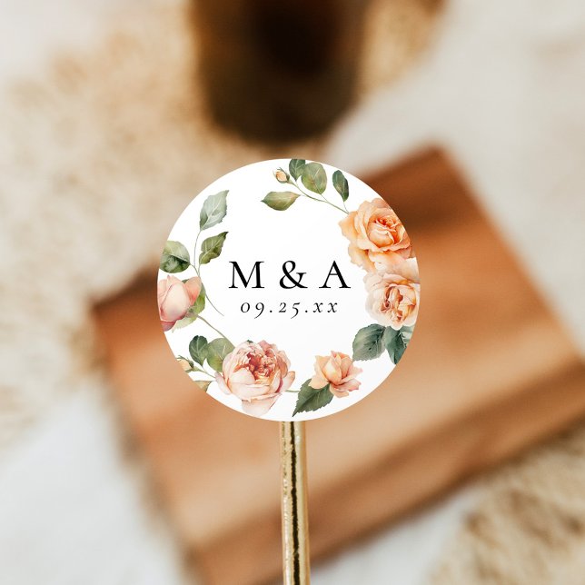 Elegante Peach Rose Monogram Wedding Runder Aufkleber (Von Creator hochgeladen)