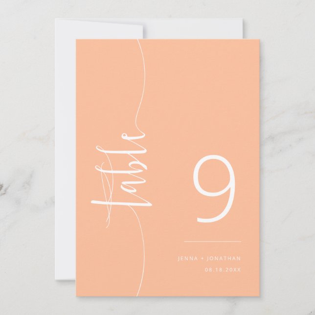 Elegante Peach Script Wedding Tischnummer (Vorderseite)
