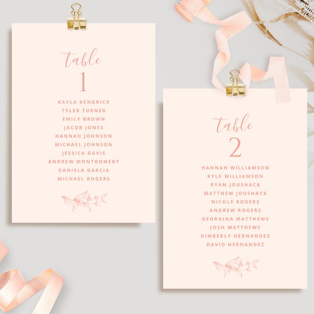 Elegante Peach Seating Plan Cards mit Guest Names (Von Creator hochgeladen)