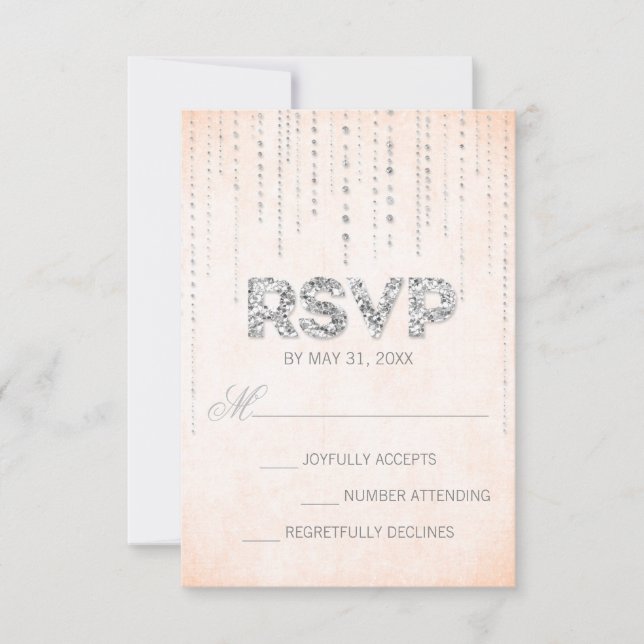 Elegante Peach & Silver Sparkle RSVP Karte (Vorderseite)