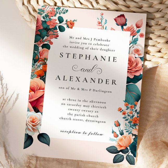 Elegante Peach und Aquamarine feierliche Hochzeit  Einladung (Von Creator hochgeladen)