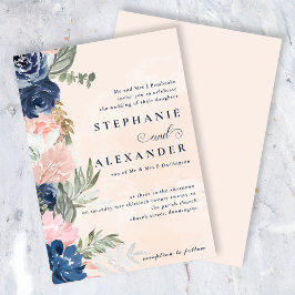 Elegante Peach und Blaue Blume feierliche Hochzeit Einladung