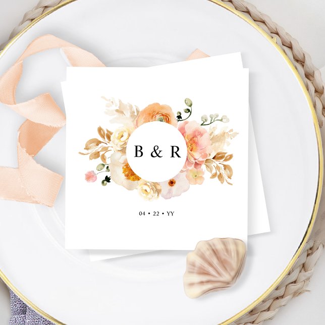 Elegante Peach und Cream Floral Monogram Wedding Serviette (Von Creator hochgeladen)