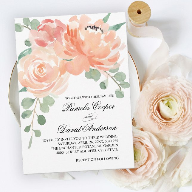 Elegante Peach Wassercolor Blumenhochzeit Einladung (Von Creator hochgeladen)