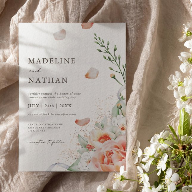 Elegante Peach Wassercolor Blumenhochzeit Einladung (Von Creator hochgeladen)