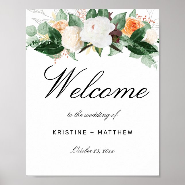 Elegante Peach Wassercolor Blumenhochzeit Willkomm Poster (Vorne)