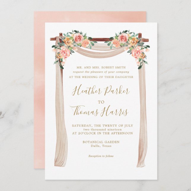 Elegante Peach Wassercolor Blumenstrauß Einladung (Vorne/Hinten)