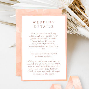 Elegante Peach Wassercolor Hochzeitdetails Begleitkarte