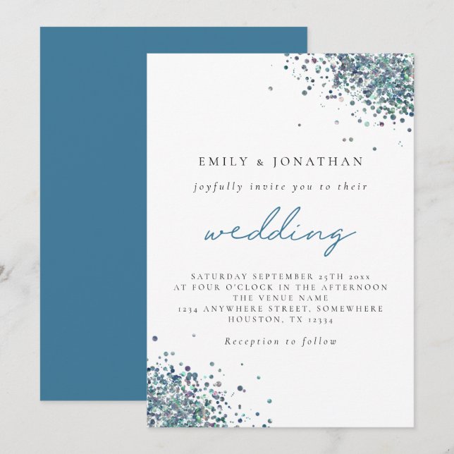 Elegante Peacock Blue Glitzer Wedding Einladung (Vorne/Hinten)