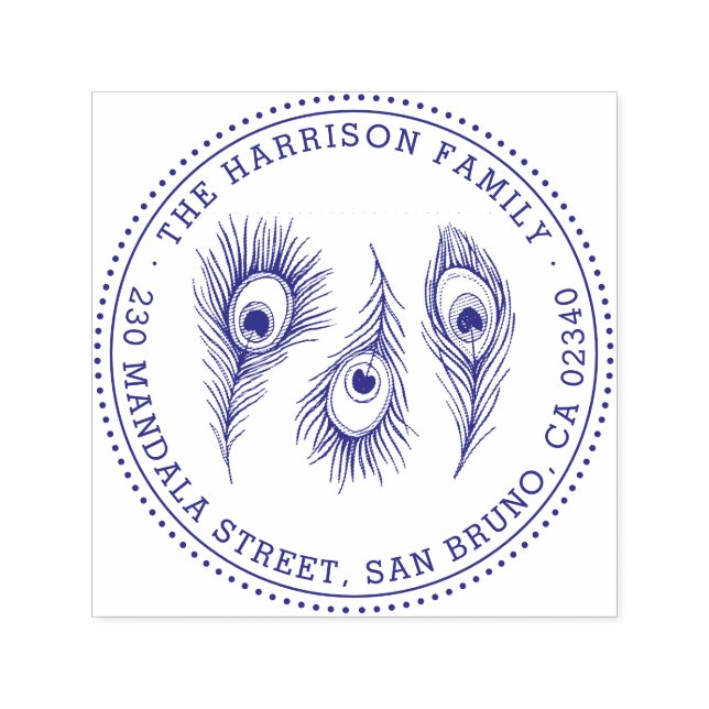 Elegante Peacock Feather Family Name Rücksendeadre Permastempel (Design)