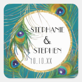 Elegante Peacock Feathers w Gold Glitzer Hochzeite Quadratischer Aufkleber