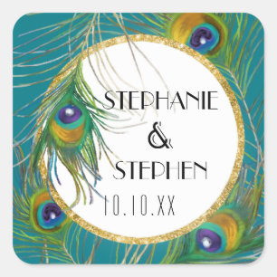Elegante Peacock Feathers w Gold Glitzer Hochzeite Quadratischer Aufkleber