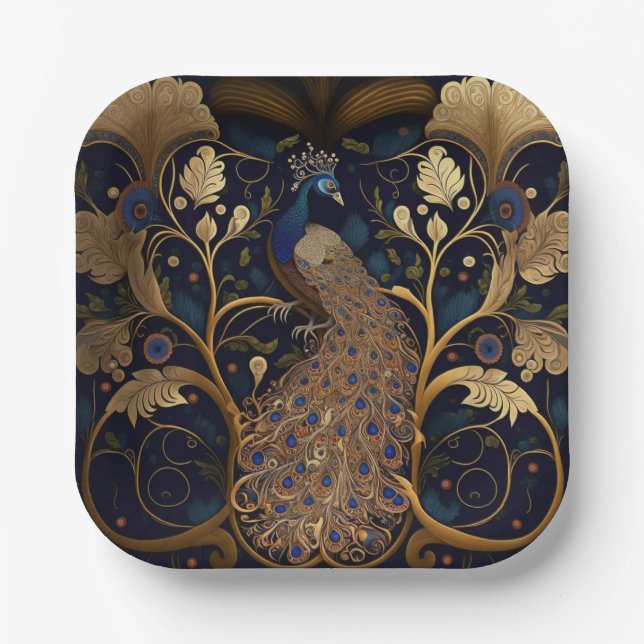 Elegante Peacock Square Paper Party Teller (Vorderseite)