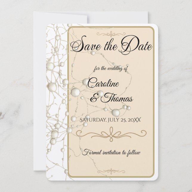 Elegante Pearl Gold Script Hochzeit Romantische Pe Save The Date (Vorderseite)