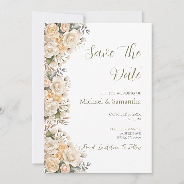 Elegante Pearl White und Elvory Rose Wedding Save The Date (Vorderseite)