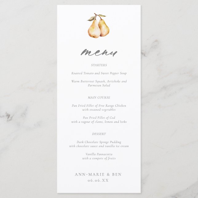 Elegante Pears Calligraphy Wedding Menu Menükarte (Vorderseite)