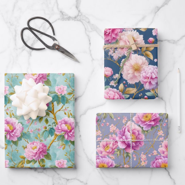 Elegante Peonies Blumengeschenk Geschenkpapier Set (Vorderseite)