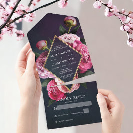 Elegante Peonies Gold Frame Moderne Hochzeit All In One Einladung