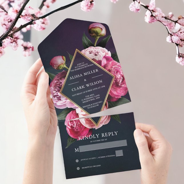 Elegante Peonies Gold Frame Moderne Hochzeit All In One Einladung (Von Creator hochgeladen)