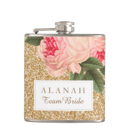 Elegante Peonies und Gold Glitzer Bridesmaid Flask Flachmann