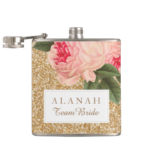 Elegante Peonies und Gold Glitzer Bridesmaid Flask Flachmann