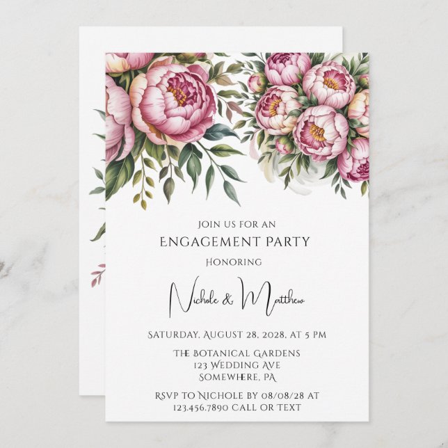 Elegante Peony Floral Arrangements Engagement Part Einladung (Vorne/Hinten)