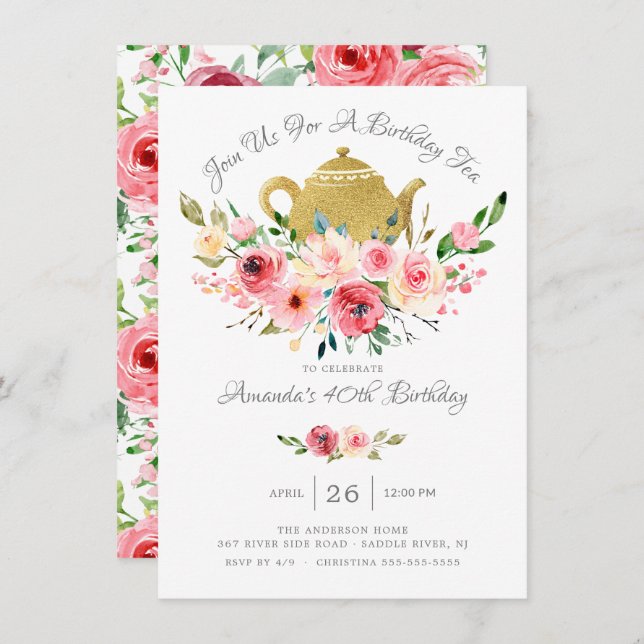 Elegante Peony Floral Birthday Tea Einladung (Vorne/Hinten)