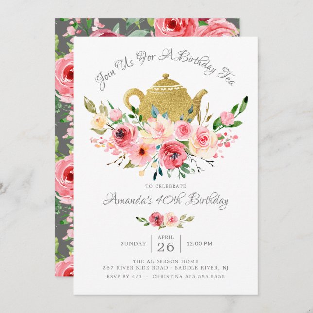 Elegante Peony Floral Birthday Tea Einladung (Vorne/Hinten)