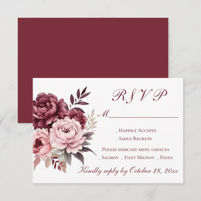 Elegante Peony Floral Watercolor Burgund Hochzeit RSVP Karte (Vorne/Hinten)