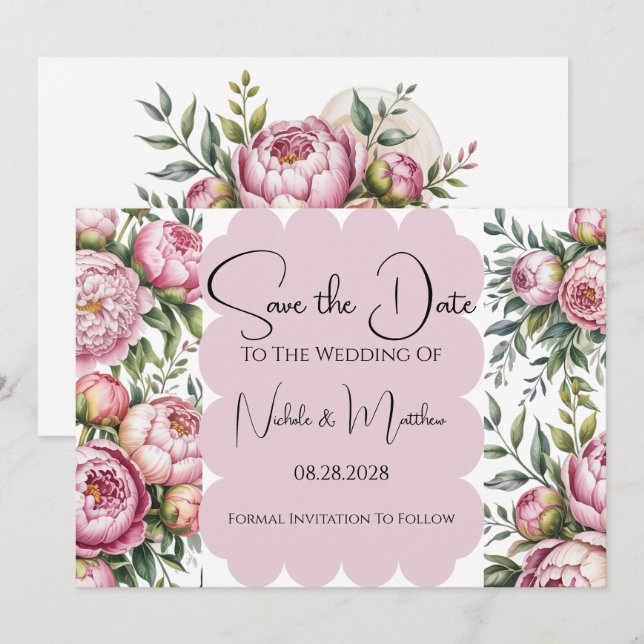 Elegante Peony Floral Wedding Save the Date Einladung (Vorne/Hinten)
